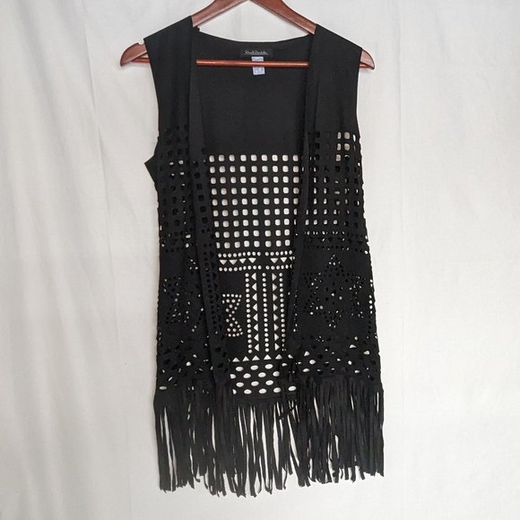 Boho long fringe vest with laser cuts black one size EUC Renato Balestra - Picture 1 of 9